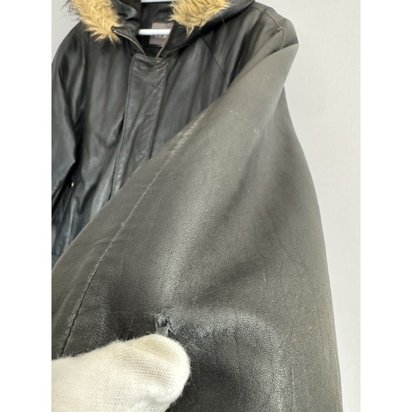 Vintage Wilsons Black Leather Coat Mens Medium Hooded Faux Fur Trim Quilted Y2K - Picture 7 of 13